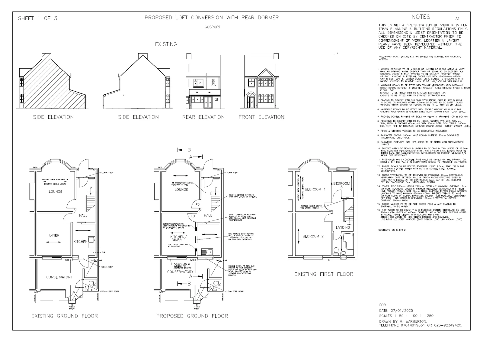 Gosport planning loft conversion drawing - sheet 1 of 3