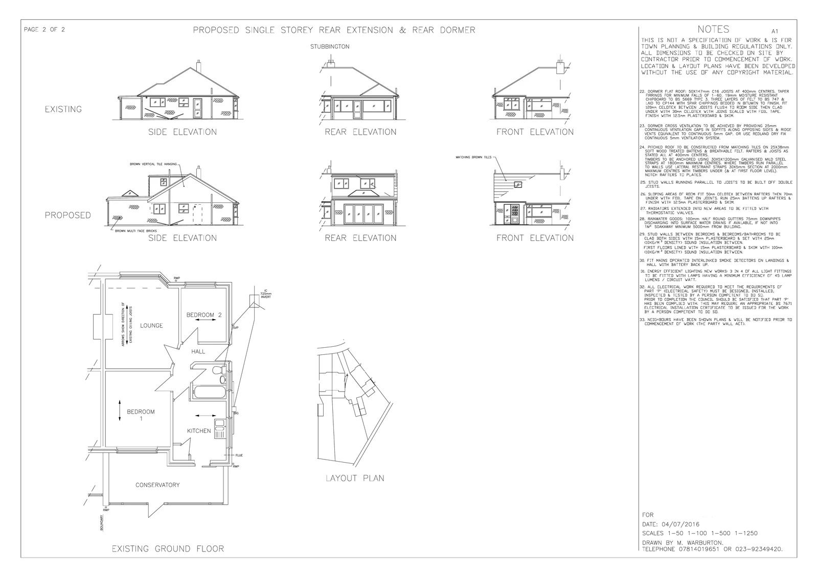 Stubbington building control drawing showing proposed elevations and layout plan